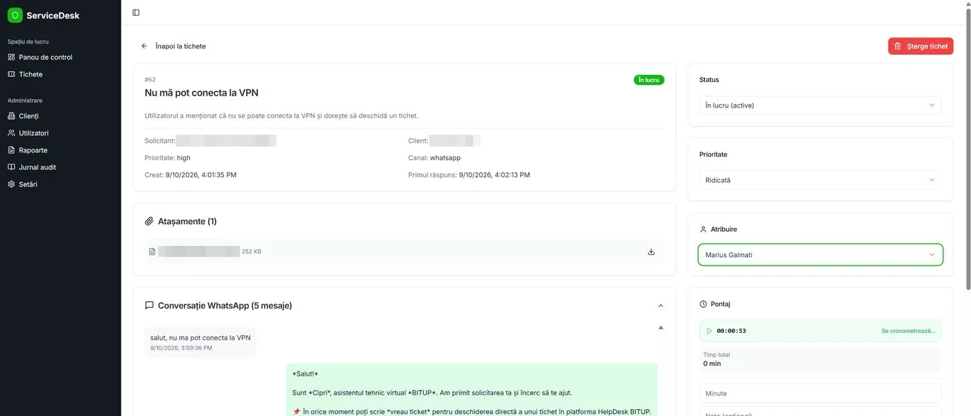 Tichetul creat automat în BitUp Helpdesk: descriere, canal, prioritate, atașament, conversația WhatsApp și cronometrul de lucru