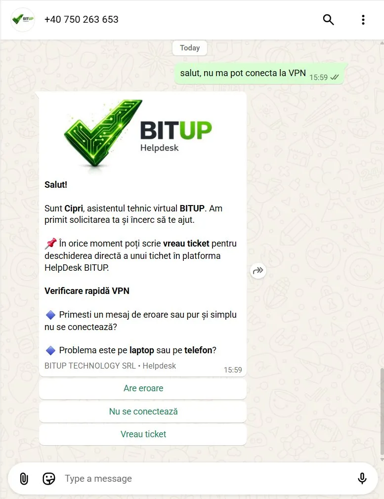 Conversația pe WhatsApp cu Cipri: mesajul „nu mă pot conecta la VPN”, întrebările de clarificare și butoanele de răspuns